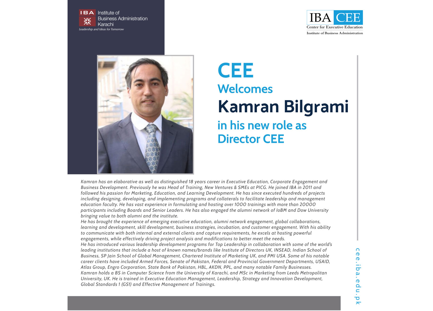 Center for Executive Education at IBA Karachi Welcomes New Director, Mr. Kamran Bilgrami